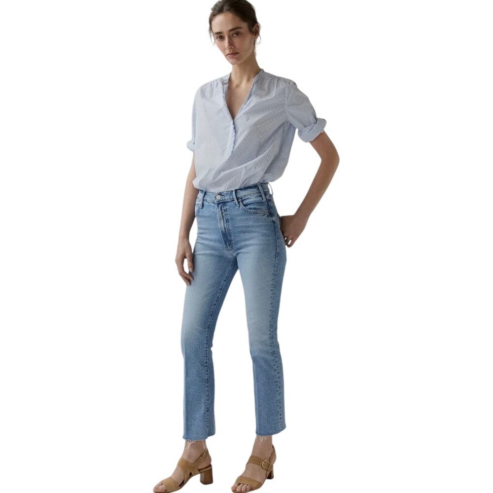 MOTHER Womens The Hustler Ankle Fray Jeans SZ 25 Light Blue Flare Raw Hem
